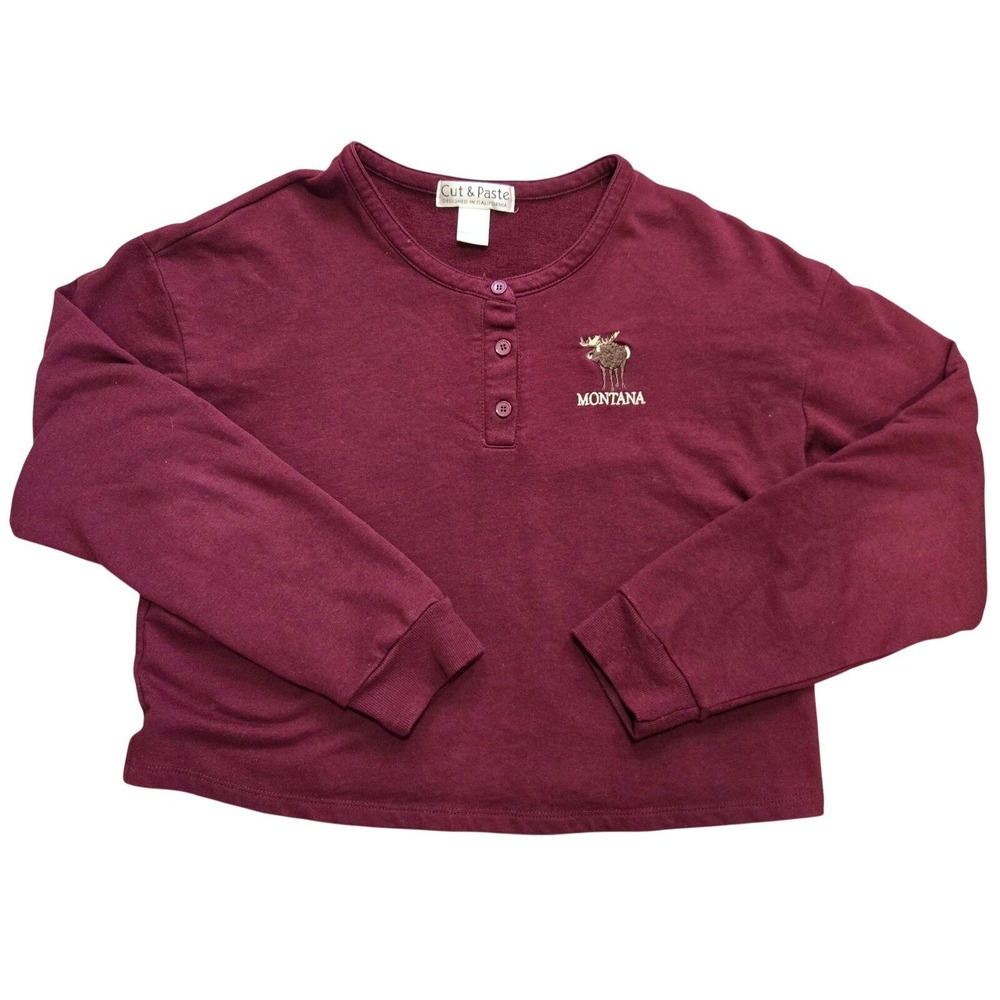 Cut & Paste Burgundy Cotton Embroidered Moose Cropped Long Sleeve Blouse